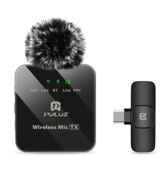 Wireless microphone transmitter with furry windscreen for neck clip microphone use.