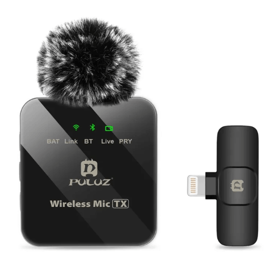 Wireless Mic TX with furry windscreen and light indicator, ideal for outdoor audio recording.
