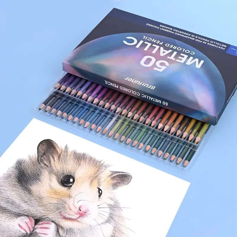 Brutfuner 50-Color Pearlescent Colored Pencils Set with a sketch of a hamster on a blue background.