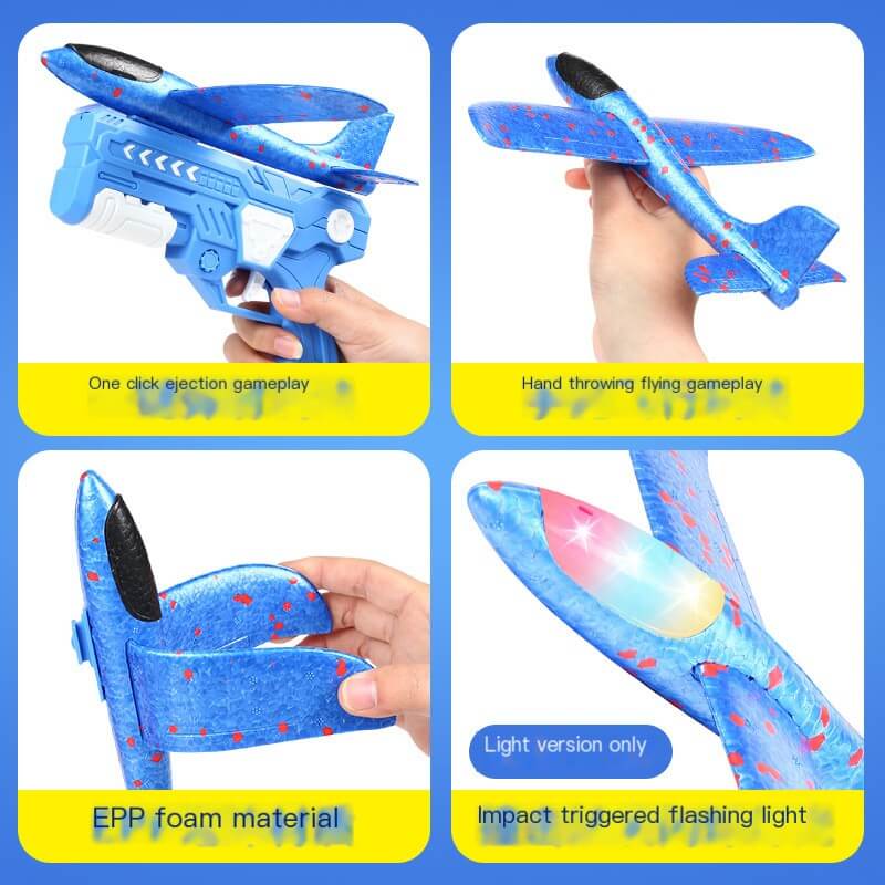 Large Outdoor Foam Plane Launch Toy for Kids with blue launcher and airplane, showcasing gameplay features and materials.
