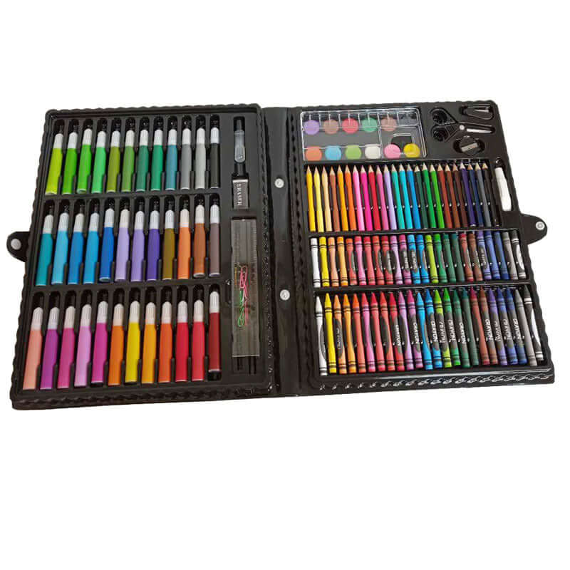 150-Piece Art Set with Colorful Crayons and Markers featuring vibrant markers and crayons in a stylish case.