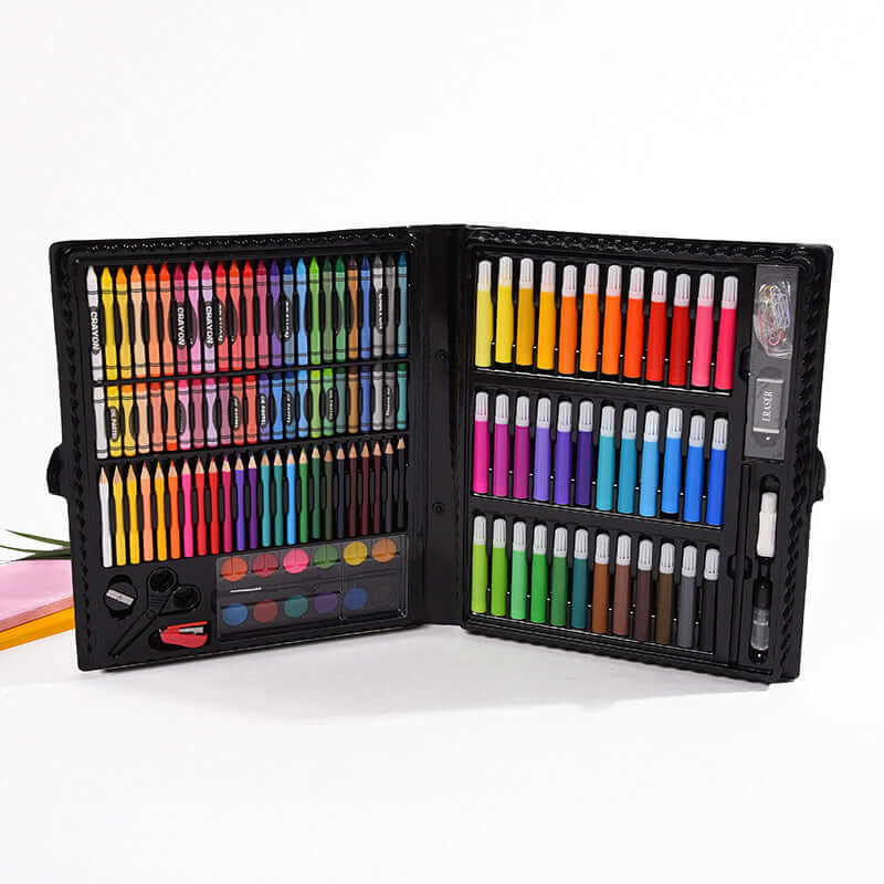 Korean watercolor pen set for kids displayed in a comprehensive art supply kit with vibrant colors and accessories.