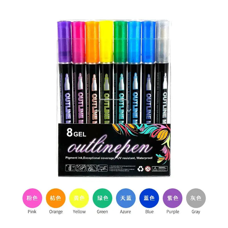 Double line outline fluorescent markers set featuring 8 vibrant gel pens in various colors including pink, orange, and green.