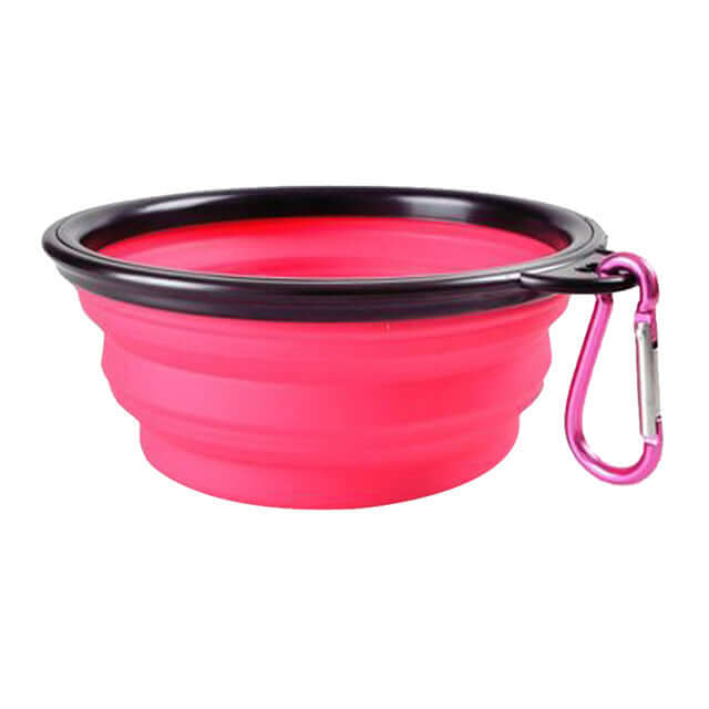 Collapsible Pet Bowl in vibrant pink silicone with a carabiner for easy portability.