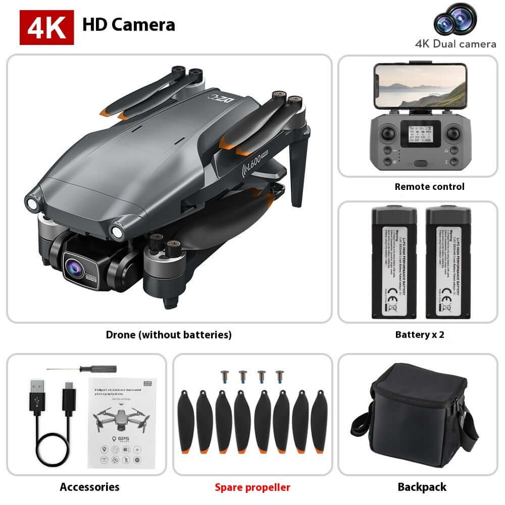 L600PRO Folding Four-axis Drone with 4K HD camera, remote control, accessories, and carrying backpack.