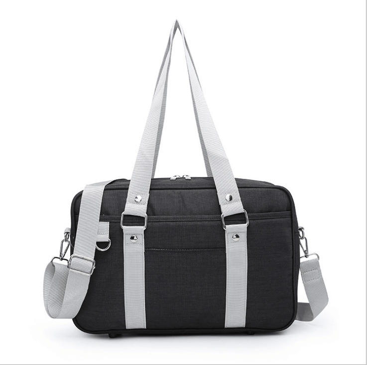 Versatile student shoulder bag in black with gray straps, perfect for students and professionals.