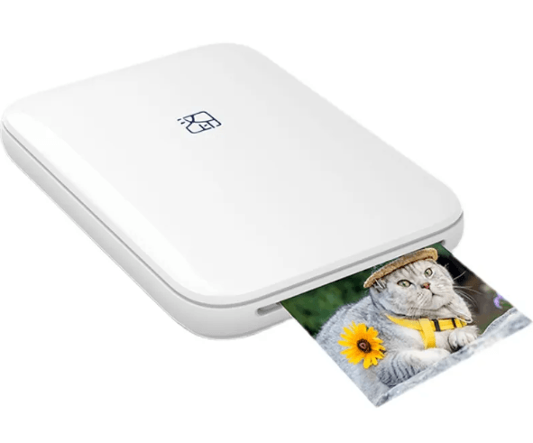 Wireless Color Photo Printer printing a color photo of a cat with a sunflower, showcasing portable design.