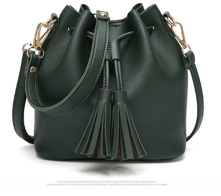 Stylish green Bucket Bag, Crossbody Bag, Tote Bag designed with tassels and a durable PU finish.