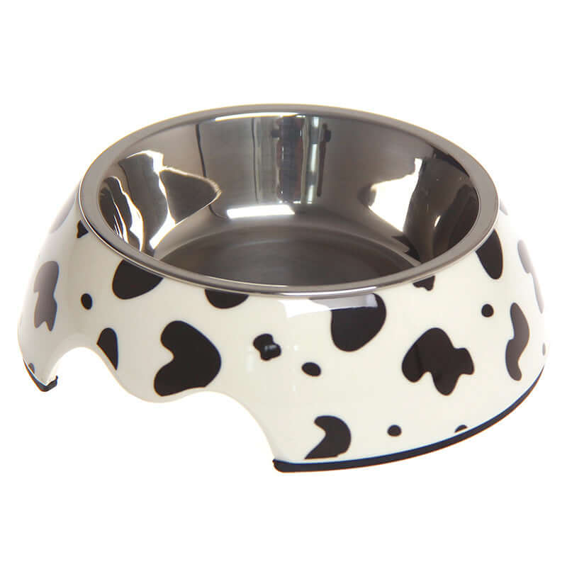 Non-Slip Dual-Use Stainless Steel Pet Bowl featuring a stylish cow print design.