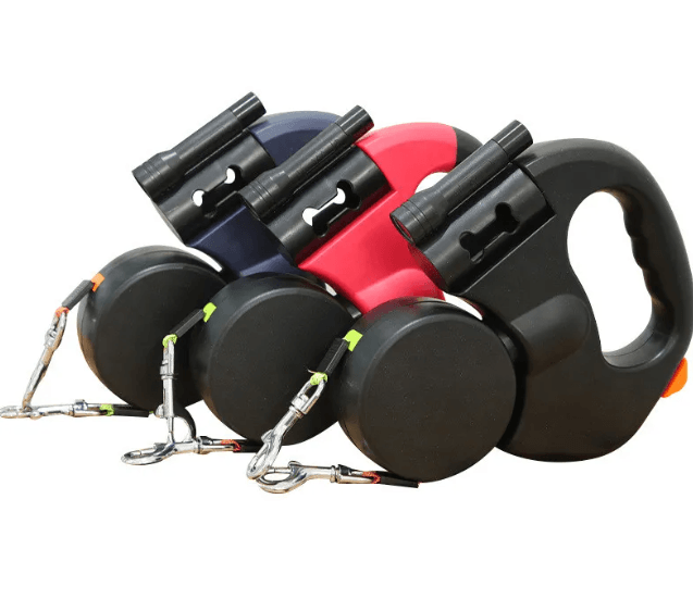 Automatic double dog leash in various colors with retractable design for walking two dogs comfortably.