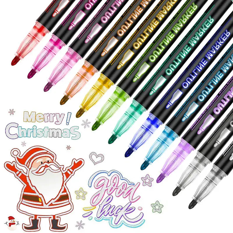 Double line outline fluorescent markers in vibrant colors for creative artwork, crafts, and journaling.
