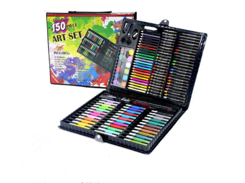 150-Piece Art Set with Colorful Crayons and Markers including crayons and watercolor pens in a compact storage case.