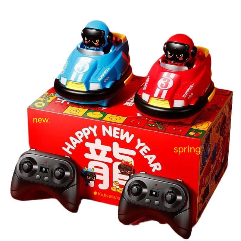 Remote control bumper car toy for toddlers with two colorful cars and remote controls on a festive box.