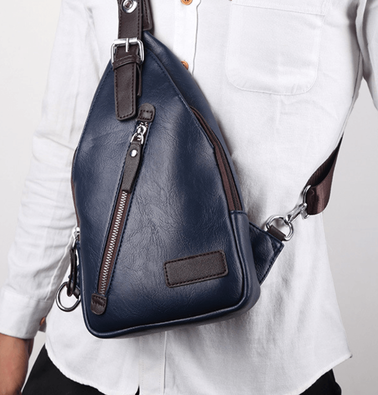 Versatile waist bag shown in navy PU leather with multiple pockets and adjustable strap, perfect for daily use.