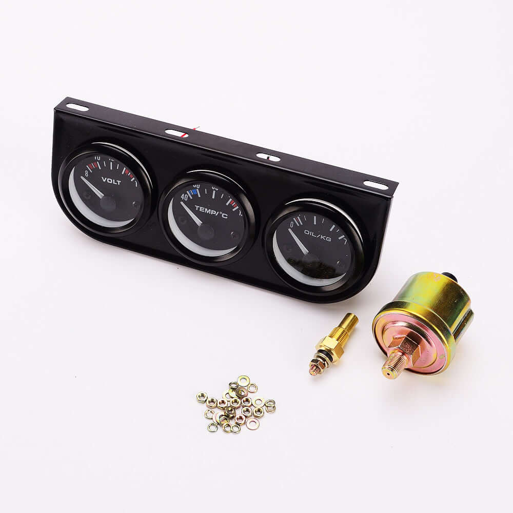 3-in-1 car dashboard gauge with voltage, water temp, and oil pressure readings, plus installation accessories.
