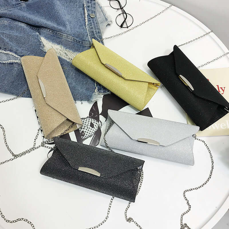 Evening clutch bag collection featuring five stylish colors for any occasion.