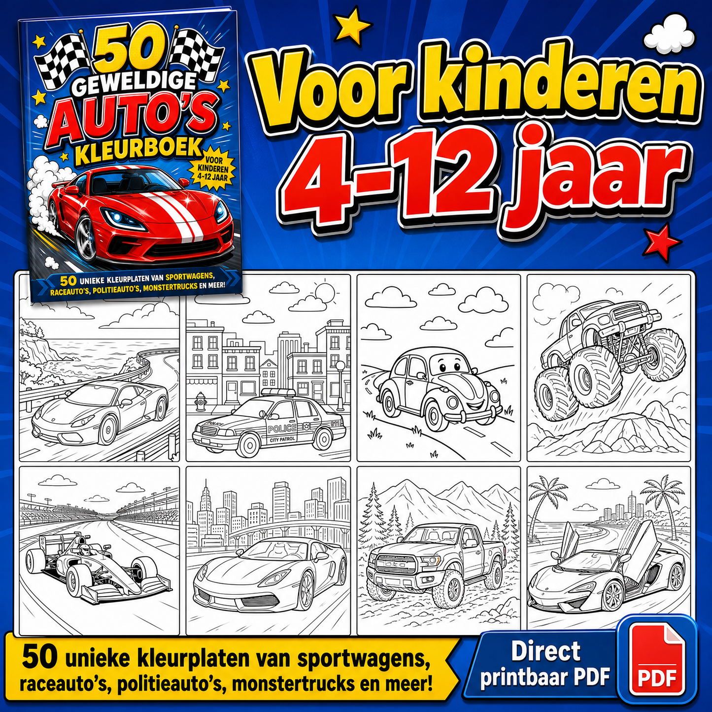 50 Geweldige Auto Kleurplaten – Digitaal Kleurboek voor Kinderen (PDF)