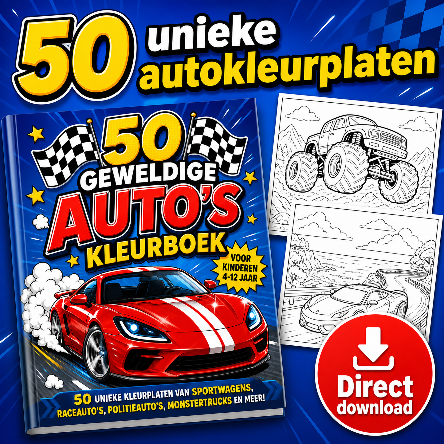 50 Geweldige Auto Kleurplaten – Digitaal Kleurboek voor Kinderen (PDF)