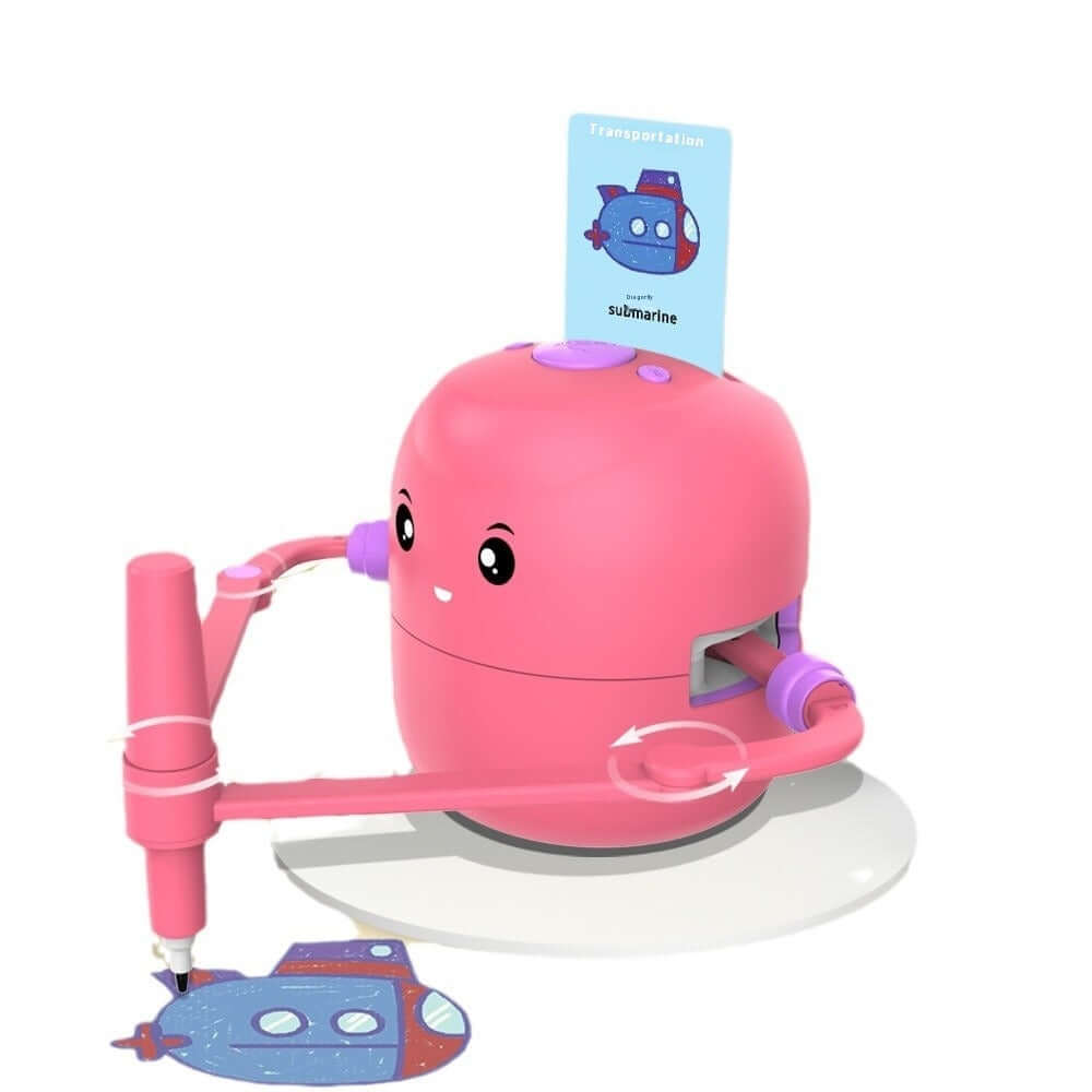 Intelligent Automatic Drawing Robot in pink, designed for children aged 3-6, drawing a colorful submarine.