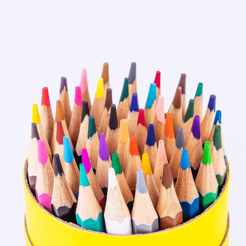 Colored Pencil Set for Kids displayed in a vibrant yellow container with various colors on top.