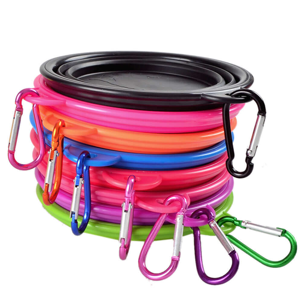 Collapsible Pet Bowl set with carabiners, showcasing colorful silicone bowls for on-the-go pet feeding.