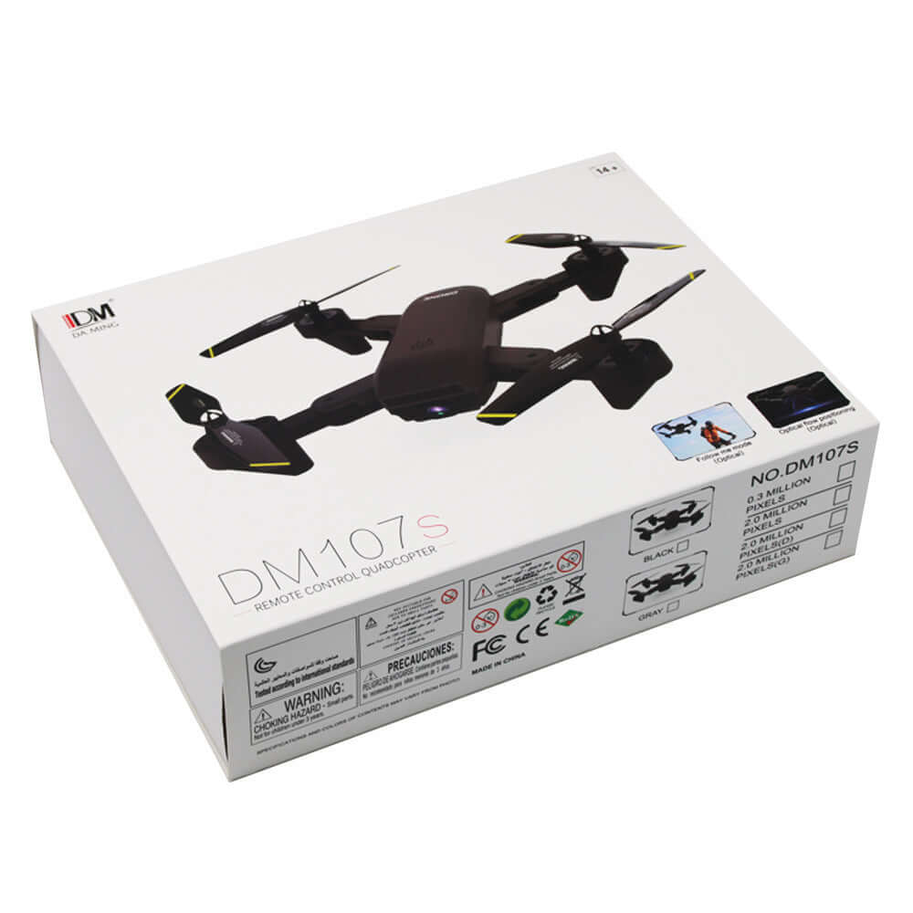 DM107S foldable drone with dual cameras packaging, featuring remote control quadcopter design.