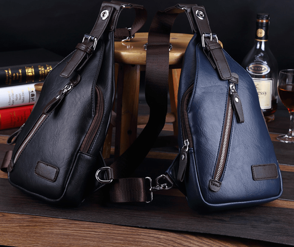 Chest Bag, Waist Bag, Shoulder Bag, Crossbody Bag in stylish black and blue PU leather.