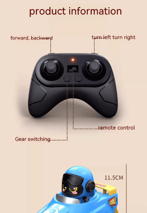 Remote control for remote control bumper car toy for toddlers with buttons for forward, backward, and turning.