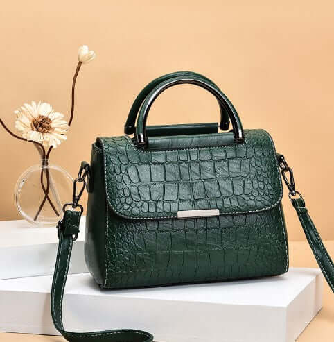 Fashionable Shoulder Crossbody Tote Bag for Women in a stylish green crocodile pattern with detachable strap.