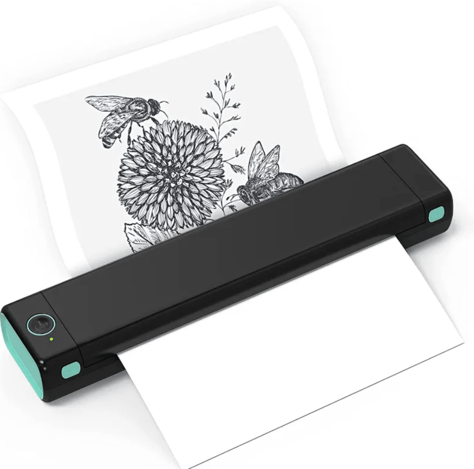 Portable A4 Thermal Printer printing detailed floral illustration with bees on A4 paper.