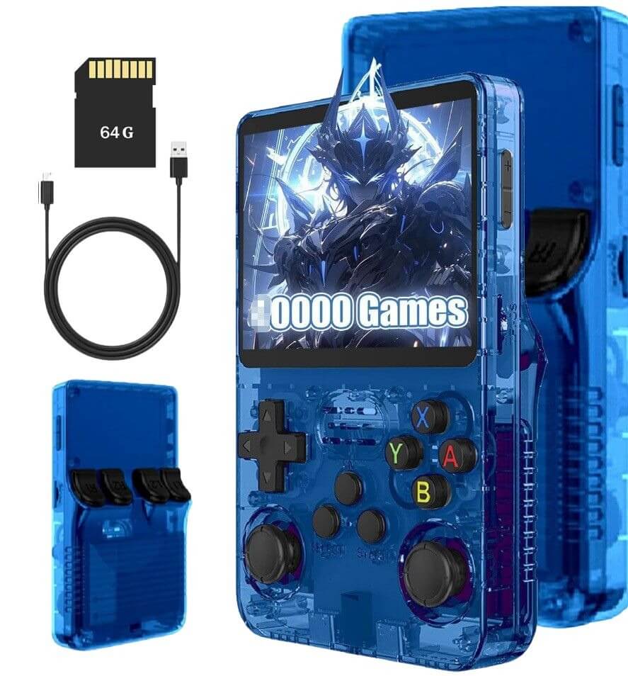 64GB Handheld Game Console with charging cable and game card, featuring colorful design and classic games.