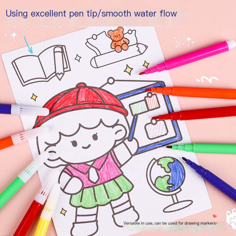 Creative Mini 6-Color Washable Art Markers for Kids used on a coloring page with vibrant designs and bright colors.