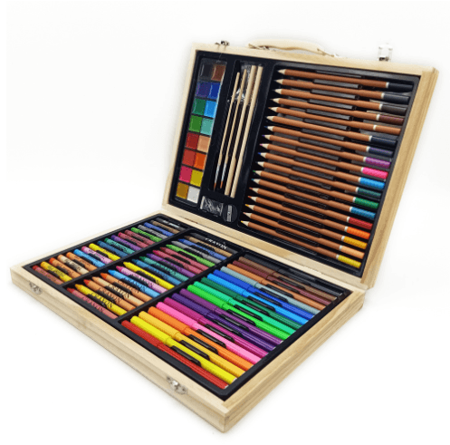 Lockable Colored Pencil Box Bag featuring a variety of colored pencils, paints, and an organized storage solution.