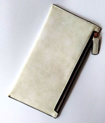 Personalized Long Wallet for Women in soft beige PU leather with zipper closure.
