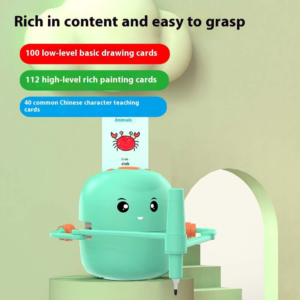 Intelligent Automatic Drawing Robot with drawing and teaching cards for children's learning and entertainment.