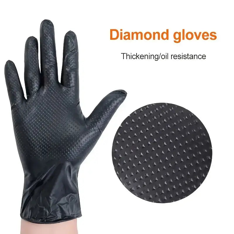 Diamond Pattern Nitrile Gloves showing thickened design for oil resistance and optimal grip.