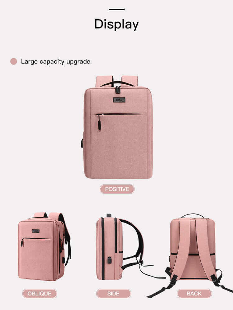 Men's casual travel laptop backpack in pink, showcasing front, side, and back views for better visibility.