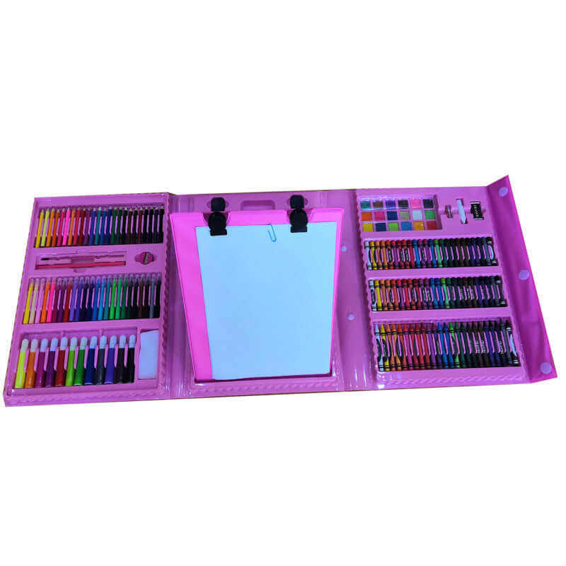 150-Piece Art Set with Colorful Crayons and Markers, vibrant drawing tools for kids in a pink case.