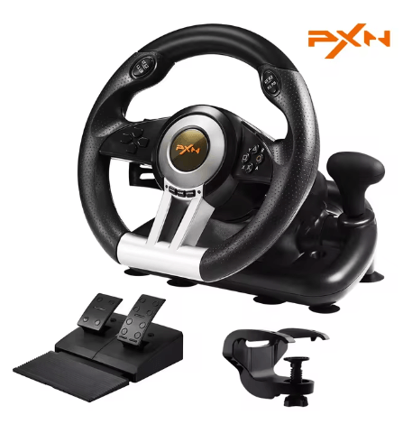 Lai Shida Racing Wheel with pedals and clamp for enhanced gaming experience.