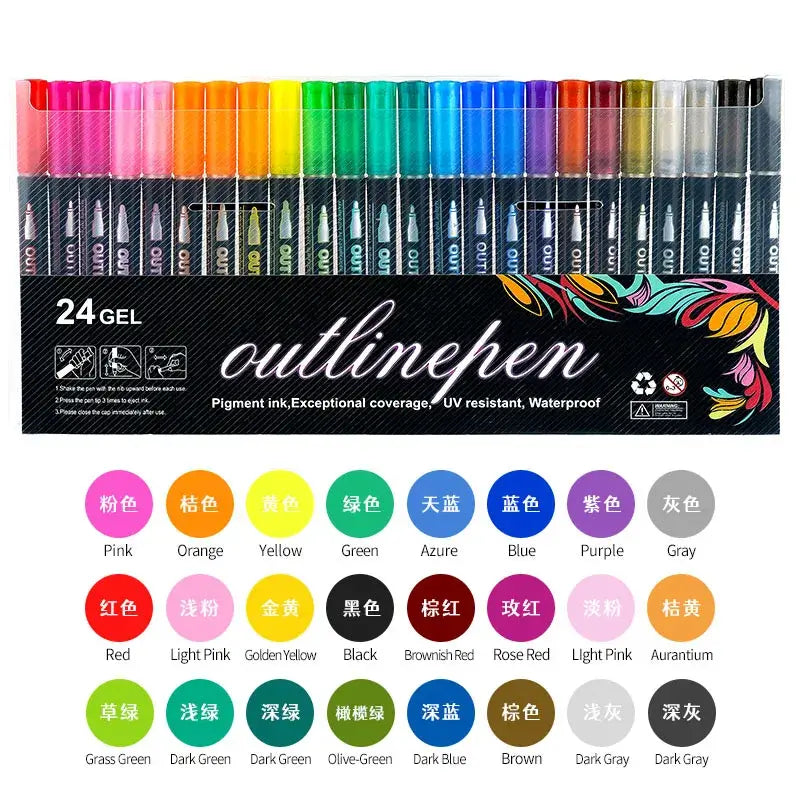 24 color set of double line outline fluorescent markers with vibrant hues for creative artwork and journaling.
