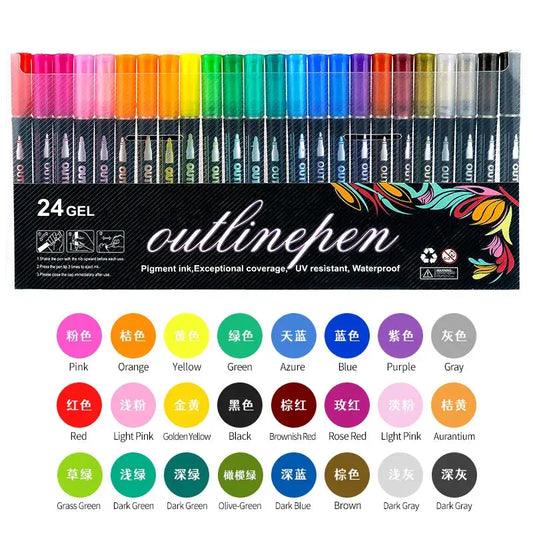 24 color set of double line outline fluorescent markers with vibrant hues for creative artwork and journaling.
