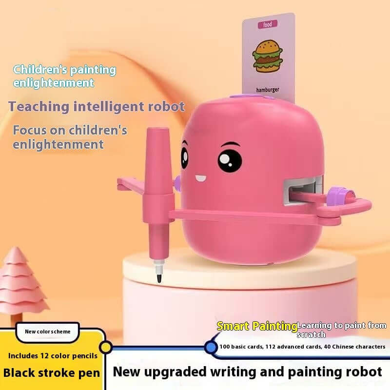 Intelligent Automatic Drawing Robot in pink, teaching kids to paint, includes colored pencils and card options.