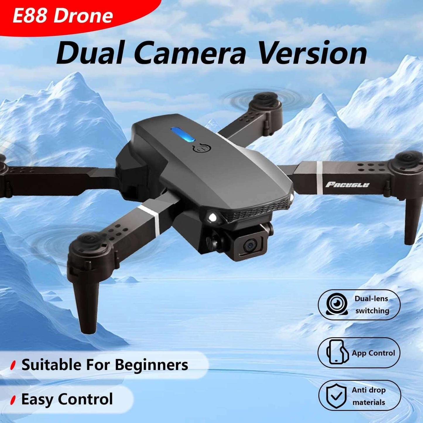 E88 Dual Camera RC Drone showcasing dual cameras, easy control, and beginner-friendly design for outdoor fun.