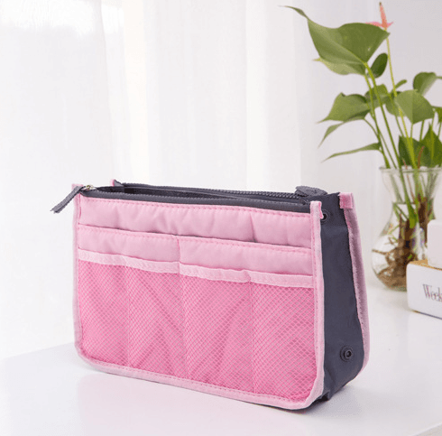 Storage Bag, Inner Bag, Makeup Bag, Organizer Bag shown in pink and gray, perfect for storing cosmetics and daily essentials.