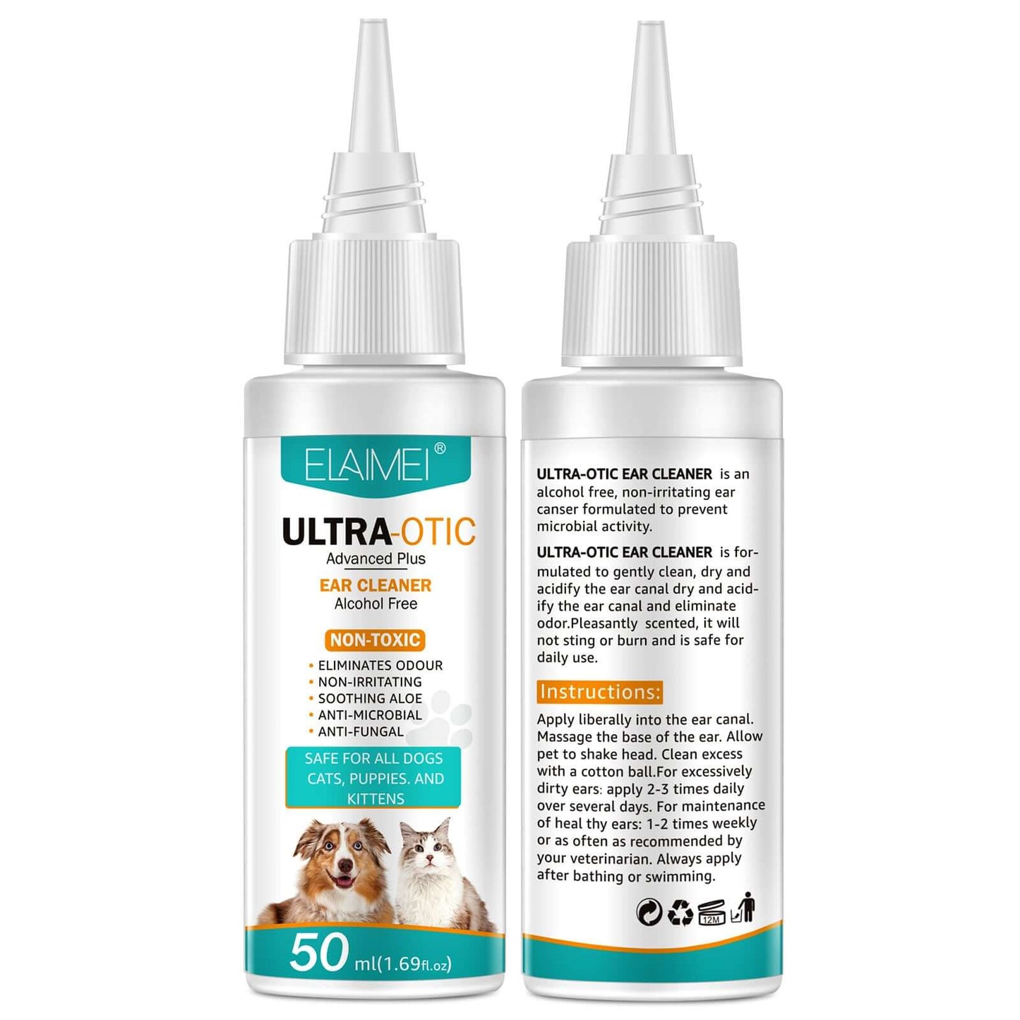 Pet ear cleaning solution in 50ml bottle, gentle formula for dogs and cats, helps maintain ear hygiene.