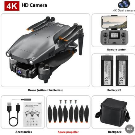 L600PRO folding drone with 4K HD camera, remote control, accessories, and carrying backpack.