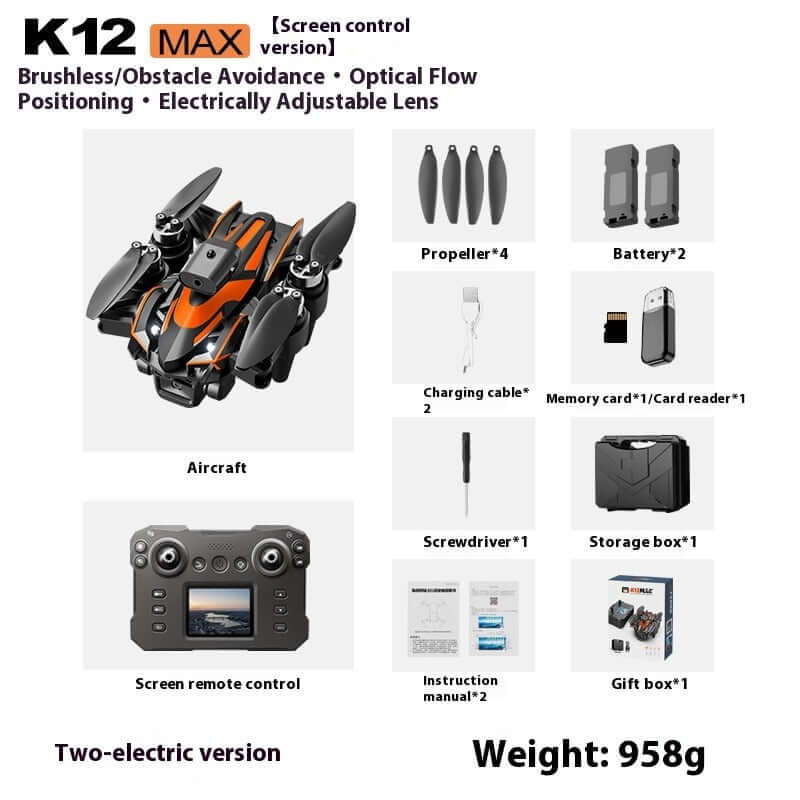K12MAX Brushless UAV with Screen Remote features and accessories including propellers and batteries.
