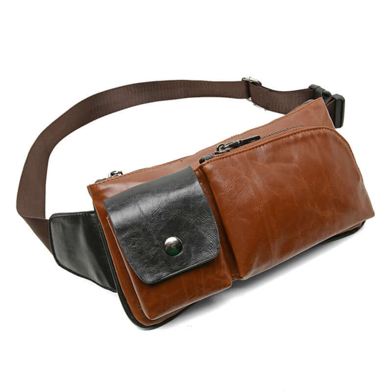 single-shoulder chest bag in brown and black leather with adjustable strap for stylish functionality