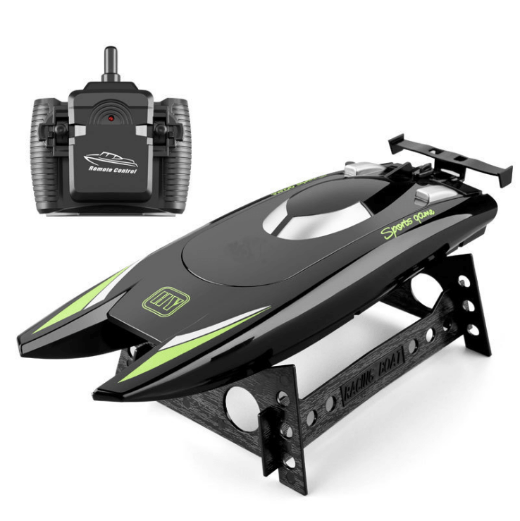 Dual motor remote control boat on a display with remote control, perfect for kids and adults.
