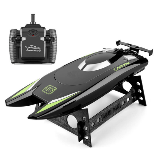 Dual motor remote control boat on a display with remote control, perfect for kids and adults.